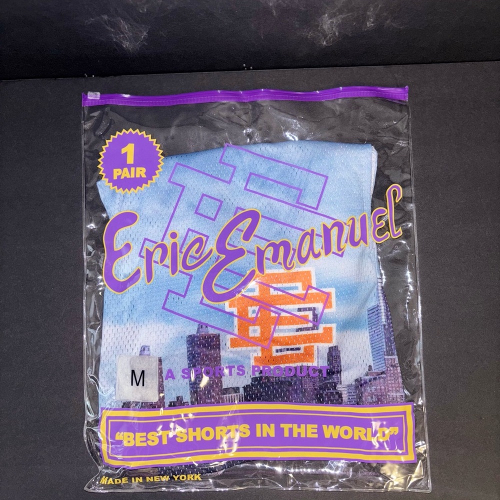 Eric Emanuel Sky Blue Mesh Shorts with Purple and Orange Accents
